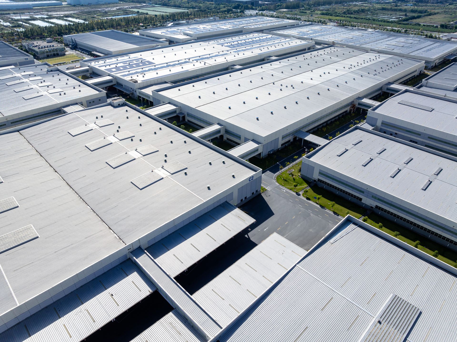 Industrial metal roofing systems, aerial view